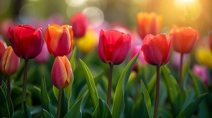 Beautiful colorful tulips are growing in a flower garden, illuminated by the setting sun