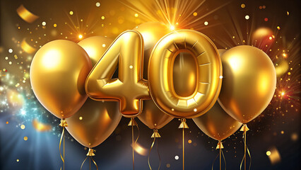 Golden 40th birthday celebration balloons with festive lights in the background. Ideal for party invitations, milestone celebrations, and birthday party decorations