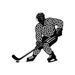 Ice Hockey sport male player with celtic knot, nordic pattern illustration, emblem shield badge