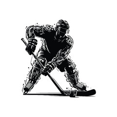 Ice Hockey sport male player with cyberpunk, glitch pattern illustration, emblem shield badge