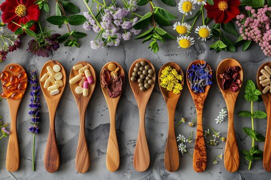 Herbal supplements and natural remedies in wooden spoons with different tablets and colors, healthy living concept