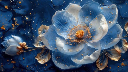 A flower in an underwater aquarium with a deep blue sea background