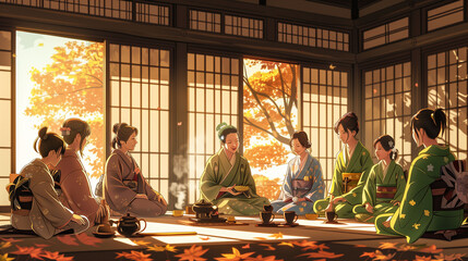 Traditional japanese family participating in a serene tea ceremony during autumn in a historic setting