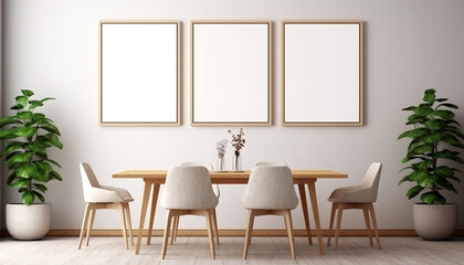 Fototapeta premium Minimalist dining room monochrome color scheme with empty frame