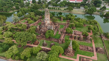 Aerial view of in Ayutthaya temple, Wat Phra Ram in Phra Nakhon Si Ayutthaya, Historic park in Thailand