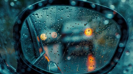 Blurry rain droplets on wing mirror backdrop