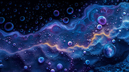 a pattern of bubbles and droplets, predominantly in shades of blue and purple. These droplets vary in size, with some being tiny while others are more expansive