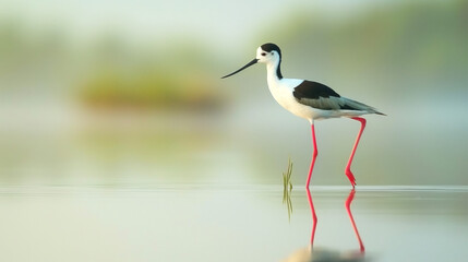 Obraz premium A bird, specifically a stilt, standing in shallow water. The stilt has long, slender red legs and a predominantly white body with black markings on its head