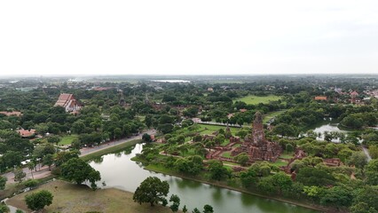 Aerial view of in Ayutthaya temple, Wat Phra Ram in Phra Nakhon Si Ayutthaya, Historic park in Thailand