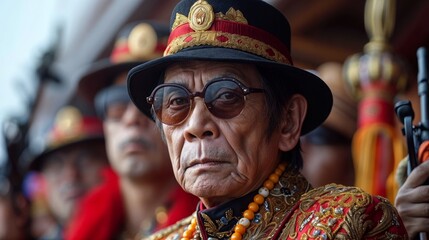 Fototapeta premium Portrait of a man dressed in traditional clothing, wearing a hat with a badge and other decorative elements, wearing glasses. He looks like a leader or a leader of people.