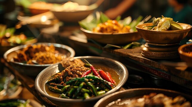 Blurry images of Javanese traditional vegetable dishes with peanut sauce known as PECAL