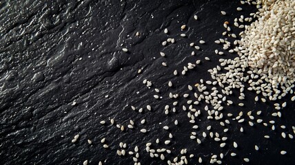 Close-up black sesame seeds in wooden spoon on black sesame seed background
