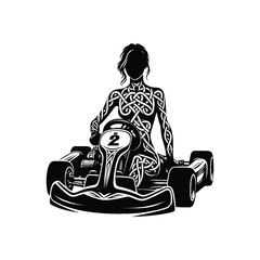 Kart Racing female player with celtic knot, nordic pattern illustration, emblem shield badge