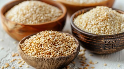 Close-up of Organic White Sesame seeds (Sesamum indicum) or white Til with shell in white ceramic bowl with the gradient background of White Sesame seeds. Close-up of Organic White Sesame seed
