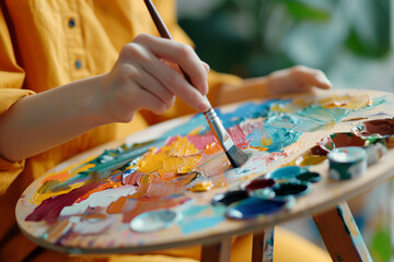 Naklejka premium Simple image of a person mixing colors on a palette, highlighting artistic creativity 