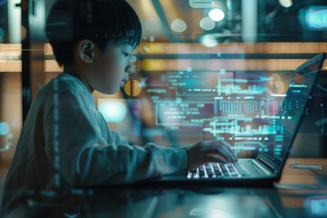 Obraz premium a little boy is typing on a laptop and a hologram of information appears floating in a sophisticated and luxurious room