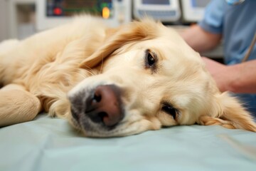 A dog is laying on a table in a hospital