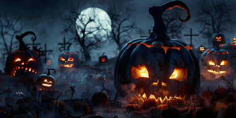 Fototapeta premium Halloween day eyes of Jack O' Lanterns trick or treating Samhain All Hallows' Eve All Saints' Eve All hallowe'en spooky Horror Ghost Demon background October 31 3Drender