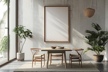 Minimalist dining room wooden accents with empty frame