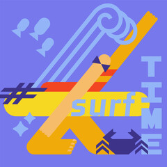 Poster of a surfer girl on the beach with text. Bright summer banner "Surf time". Image of sea waves.
