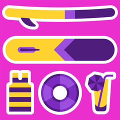 Summer sticker set. Illustration on the theme of surfing and the beach. An image of a surfboard, a drink, a lifebuoy, a shirt. Elements on a bright pink background.