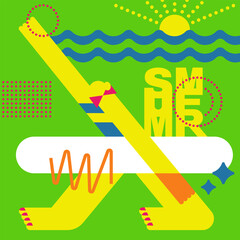 Postcard with the image of a surfer girl on the beach. Poster for summer events. Illustration on a bright green background.