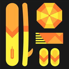 Images of objects in a geometric style. A set of elements in orange colors on a black background. Items for relaxing on the beach.