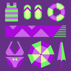 Set of elements of neon colors on a purple background. Images of objects in a geometric style. Beach attributes for recreation. Elements of beach umbrellas, mat, tank top, flip flops, etc.