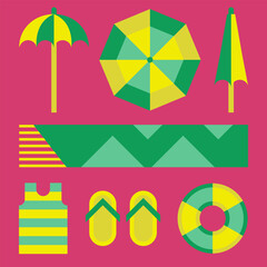A set of bright stickers on the theme of summer. Image of beach umbrellas, mat, tank top, flip flops and lifebuoy. Vector elements. Dynamic geometric design on a pink background.