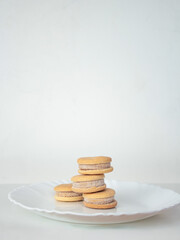 Minimalist composition with biscuits on white background. Front view.