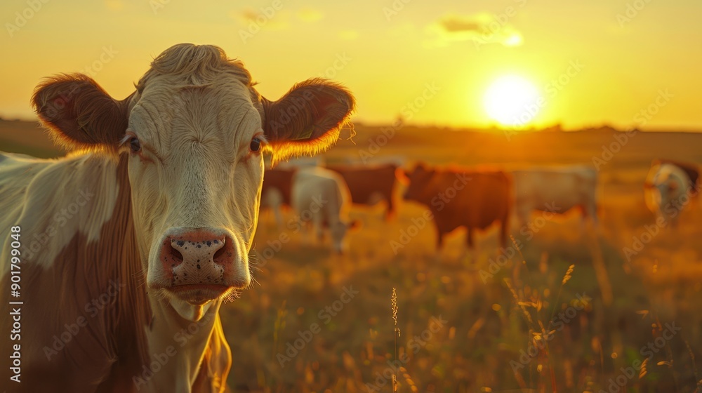 Poster A cow is standing in a field with the sun setting in the background