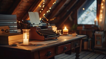 Vintage typewriter illuminated by candlelight on wooden desk in cozy attic writing room