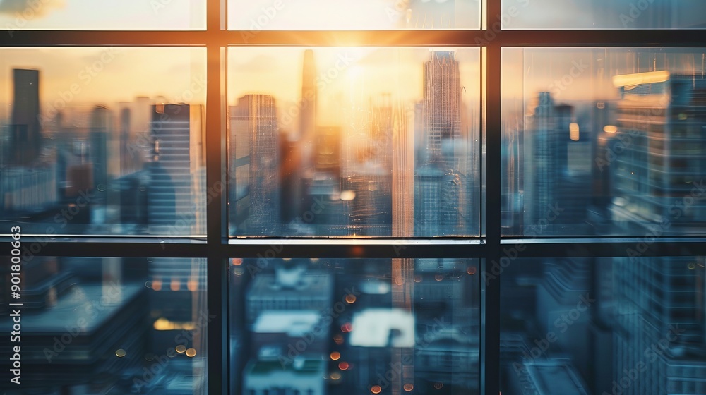 Poster close-up of a window with a city view.