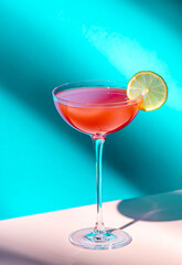 Summer red cocktail drink with tequila, grapefruit and lime juice, syrup, bitter, liqueur. Hard light and shadows