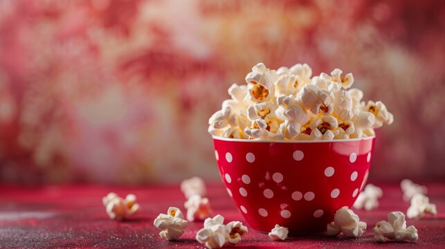 Popcorn in red polka dot bowl