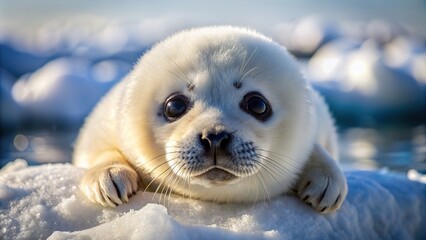 Adorable white harp seal pup curled up on icy rock, soft fur glistening, big round eyes staring innocently into camera.