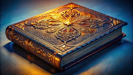Vibrant, ornate illustration of Holy Scripture's worn leather cover, adorned with golden filigree, against a subtle, gradient blue background, evoking spirituality.