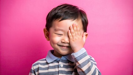 Adorable little Asian boy's hand hovering near closed eyes, anticipating playful peekaboo excitement, set against bright pink studio background solitude.