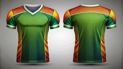 Vibrant digital illustration of blank customizable football jersey template showcasing front and back views with stylish graphics and dynamic colors.