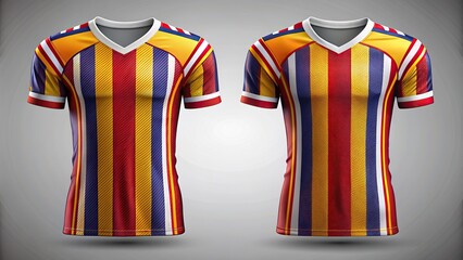 Vibrant football jersey template with bold graphics, dynamic stripes, and modern fonts, showcasing front and back views of the athletic wear.