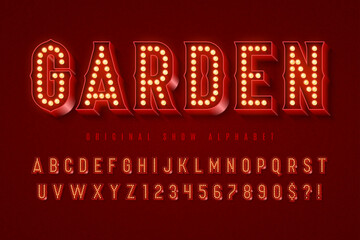 Retro circus alphabet design, cabaret, fairy LED lamps letters and numbers. © Aleksandr