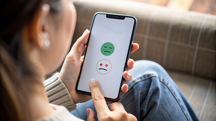 She is sitting playing on his mobile phone.