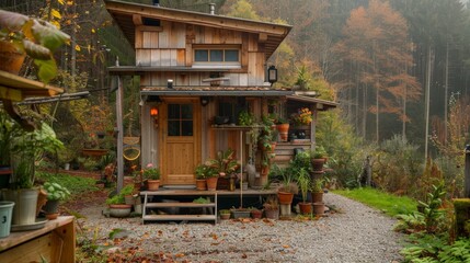 Obraz premium Small wooden cabin surrounded by forest greenery in autumn