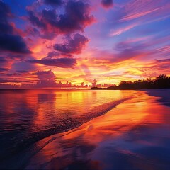 Sunrise at the beach, with the sun casting a golden glow over the water and sand. Perfect for themes of beauty, tranquility, and new beginnings