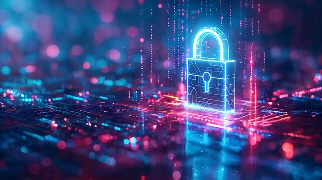 Glowing padlock protecting circuit board from cyber attacks