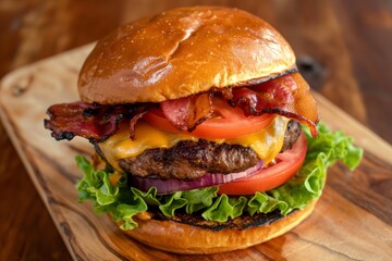 Delicious cheeseburger with bacon and vegetables laying on wooden cutting board