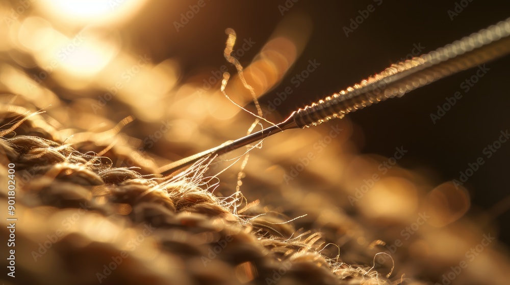 Poster close-up view of a needle threading through textiles in golden afternoon light