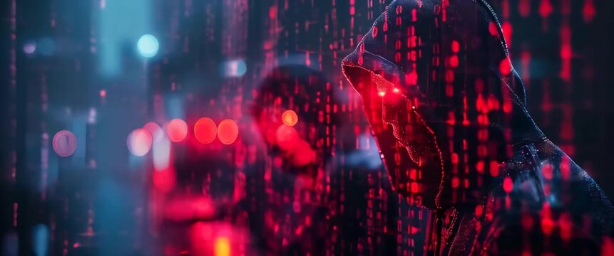 Cyber ​​security background with hackers in hooded cloaks standing in the dark and firewall protecting digital data with a padlock, cyber security, data protection concept