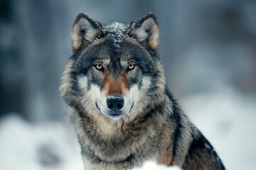 Powerful grey wolf posing in snowy forest habitat