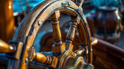 Fototapeta premium Detailed Close-Up of a Wooden Ship's Wheel at Sunrise on a Calm Ocean
